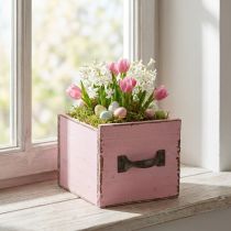 Article Petit bac carré en bois style vintage rose avec poignée métallique 12,5 cm
