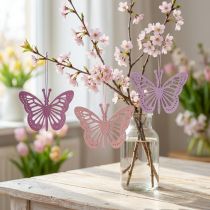 Article Décorations suspendues papillons en bois lila/rose 12 cm - Lot de 12