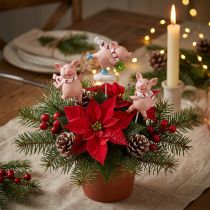 Article Figurines Décoratives Cochons avec Piques pour Noël et Nouvel An - Lot de 4