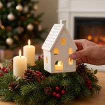 Article Photophore Maison en Céramique Blanche pour Décoration de Table – Hauteur 18 cm