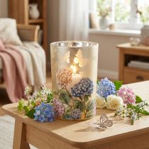 Article Photophore en verre avec motif floral et reflets dorés – 18 cm