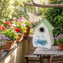 Article Volière décorative en bois avec motifs floraux et toit vert menthe 21 cm