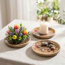 Article Lot de 3 plateaux en bois motif fleurs et papillons roses Ø15 cm