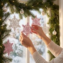Article Flocons décoratifs en bois rose et blanc 8-12 cm avec paillettes – Lot de 12