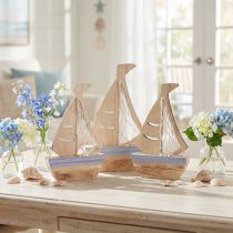 Article Décoration Bateau en Bois Naturel et Bleu Clair 25,5 × 16,5 cm – Lot de 3