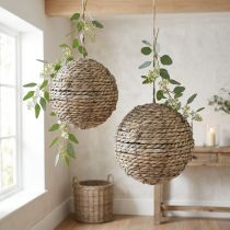 Article Kugel de décoration en paille gris lavé Ø20cm avec cordelette, lot de 2