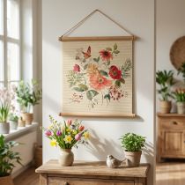 Article Décoration murale fleurie en bois avec corde en jute – H44 x B42cm
