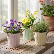 Article Pots décoratifs en métal avec poignées en corde, 15 cm, 3 couleurs pastel, set de 3