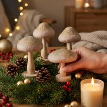 Article Lot de 4 champignons décoratifs en bois et feutre avec paillettes, H11cm