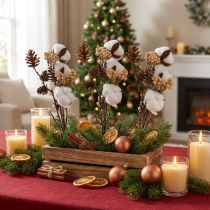 Article Brins décoratifs artificiels de Noël avec pommes de pin, coton et baies, 29 cm, lot de 3