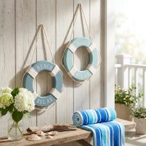 Article Duo de bouées décoratives en bois bleu et blanc 17 cm avec ancre