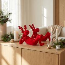 Article Duo de figurines rennes allongés rouges 24 cm en plastique floqué