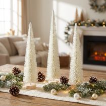 Article Sapin décoratif blanc 40 cm avec socle en bois, lot de 3