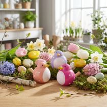 Article Set de 6 Figurines Décoratives Petits Oiseaux en Bois - Lila, Rose et Fuchsia - 6 cm