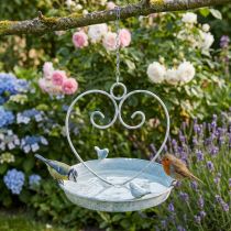 Article Coupe suspendue en métal blanche et bleue avec décor cœur et oiseaux Ø21,5 cm