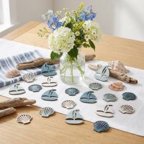 Article Décorations en bois motifs marins coquillages et voiliers 2,5/4 cm bleu et blanc - Lot de 72
