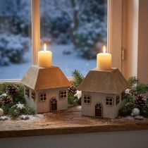 Article Lot de 2 porte-bougies en bois Maison de Noël gris 9×9×11 cm