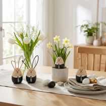 Article Set de 4 lapins en bois décoratifs pour Pâques - Noir et blanc avec oreilles en fil 12 cm