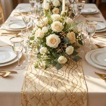 Article Tenture de table en velours beige avec motifs chaînes dorées 28×270 cm