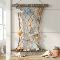 Article Décoration murale filet de pêche avec éléments marins en bois et jute – 38x50cm