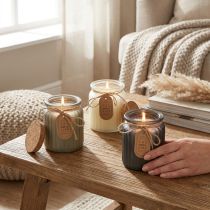 Article Bougies Parfumées en Verre avec Couvercle en Liège et Effet Sandalwood - Lot de 3, H 9 cm
