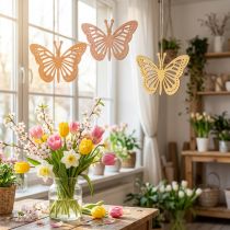 Article Décorations suspendues papillons en bois orange, rose et jaune 12 cm - Lot de 12