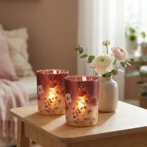 Article Photophore en verre motif floral rouge 12,5 cm - Lot de 2