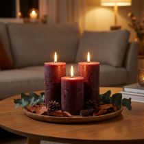 Article Set de 4 bougies cylindriques en cire bordeaux 70x120mm pour décoration et bien-être