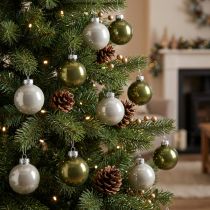 Article Boules de Noël en verre, mini, vert olive et gris argenté, 4 cm, lot de 24
