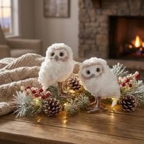 Article Figurines décoratives chouettes en polystyrène et plumes - Blanc - 15 cm - Lot de 2