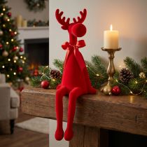 Article Déofigurine élan rouge avec nœud assise, 54 cm, plastique floqué, intérieur