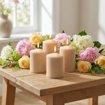 Article Bougies à rayures beige en cire 70x90mm - Lot de 4