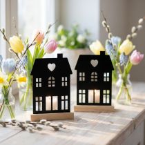Article Lot de 2 photophores maison en métal noir avec base en bois - H15 cm