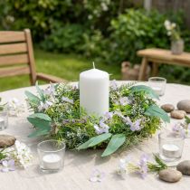 Article Couronne Décorative en Faux Eucalyptus et Fougère avec Fleurs Violettes, Ø 36 cm
