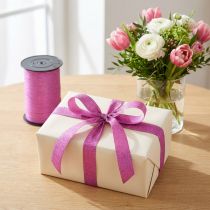Article Ruban cadeau en polyester rose métallique avec paillettes 10mm x 100m