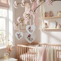 Article Décoration Cœurs en Bois à Suspendre avec Illustrations de Fées 12 cm – Lot de 6