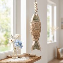 Article Décoration murale poisson en bois avec cordage et coquillages 21 cm