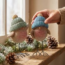 Article Duo de Figurines Oiseaux Hivernaux avec Bonnet en Résine 18 cm Bleu et Vert