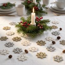 Article Flocons en bois décoratifs avec paillettes - Lot de 144 pièces - Ø 2 cm