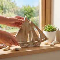 Article Voilier décoratif en bois, déco maritime naturelle blanc 23 cm