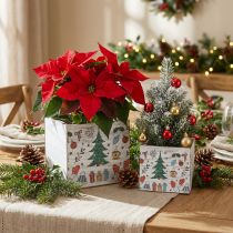 Article Pots carrés en bois décoratifs de Noël blanc et coloré, 20×20 cm et 15×15 cm, lot de 2
