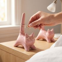 Article Figurines décoratives chat en céramique rose perlé 14 cm - Lot de 2
