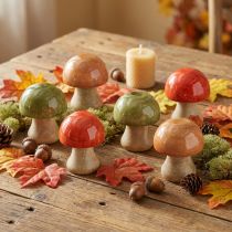 Article Set de 9 Champignons Décoratifs en Bois, Teintes Automnales, H 6,5 cm