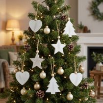 Article Ornements en bois blanc 6 pièces – Cœur, Étoile et Sapin