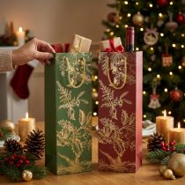 Article Pochettes Cadeaux Noël pour Bouteilles avec Motifs Dorés et Cordelette – Lot de 2