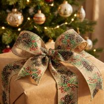 Article Ruban décoratif Cônes de Noël large ruban cadeau naturel 60mm 10m