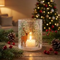 Article Photophore en Verre Effet Craquelé avec Motif Hiver et Cerf, 13 cm