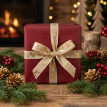 Article Ruban décoratif de Noël avec motif de cerf en polyester 15mm x 15m beige et doré