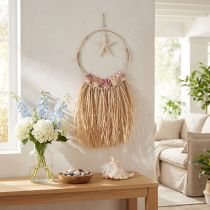 Article Décoration murale marine avec véritable étoile de mer en rotin et coquillages D26,5cm H65cm