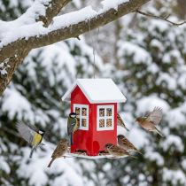 Article Maison à oiseaux rouge et blanche en métal avec toit ouvrant H19cm